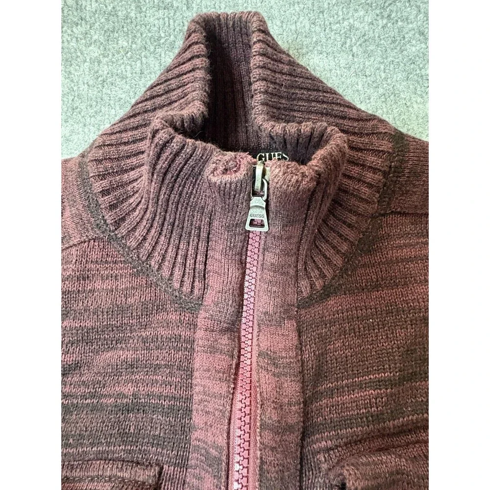 GUESS Sweater Mens L Red Stripe Cotton Full Zip Mock Neck Knit Pockets Logo
